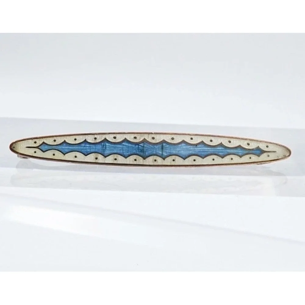 Antique Victorian Guilloche Enamel Bar Pin Blue White Brass Brooch Edwardian